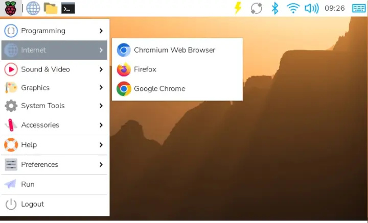 Google Chrome en la lista de aplicaciones de Internet de Raspberry Pi OS