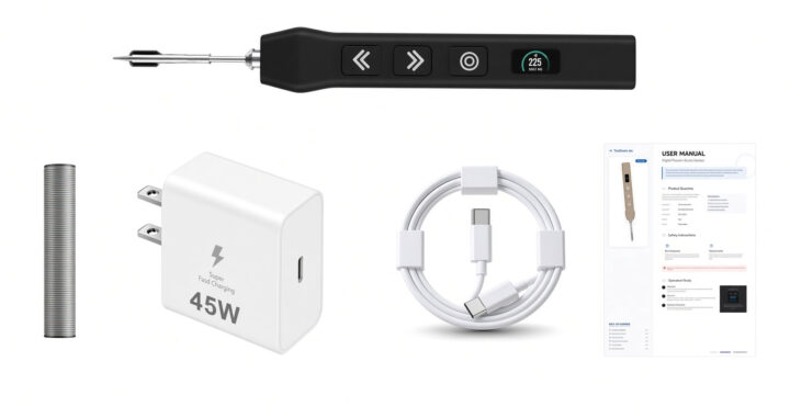 Kit Spark Solder con el soldador, la cápsula de estaño, el cable USB-C, el adaptador de corriente y el manual de usuario