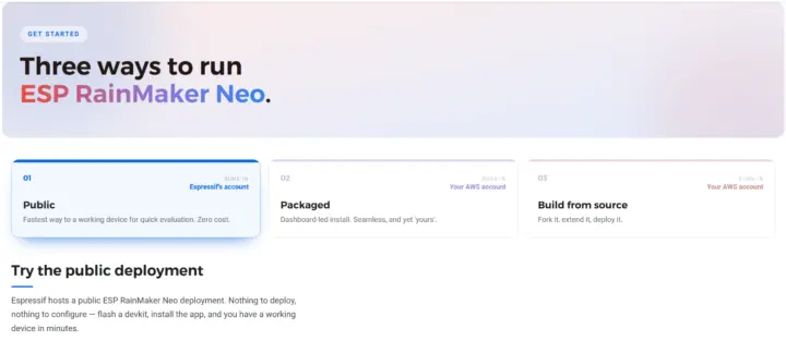 Opciones de despliegue de ESP RainMaker Neo