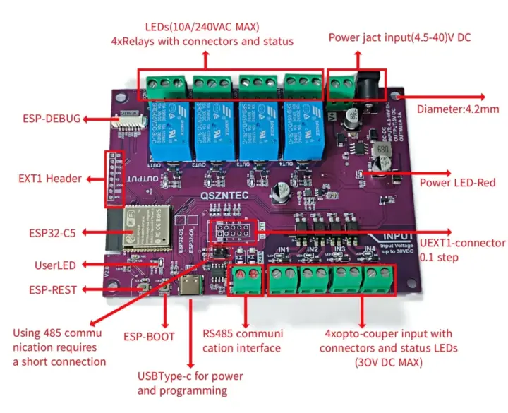 Especificaciones de la placa ESP32-C5 de cuatro relés