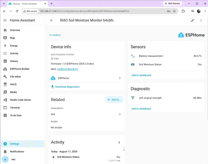 Monitor de humedad de suelo XIAO con ESPHome en Home Assistant
