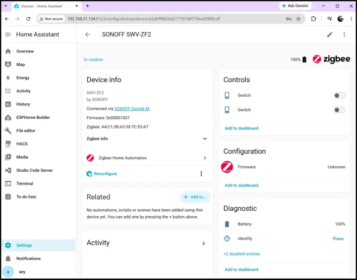 Home Assistant con el SONOFF SWV-ZF2 por Zigbee