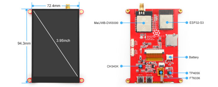 MaTouch ESP32 S3 MaUWB vista general y dimensiones