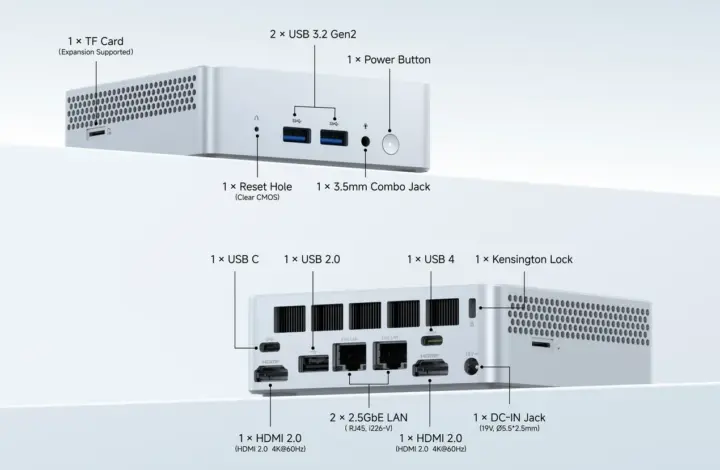 Descripción de los puertos del mini PC barebone Intel Wildcat Lake