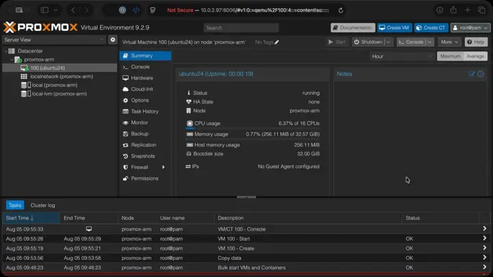 Captura de pantalla de Proxmox VE 9.2 en Arm