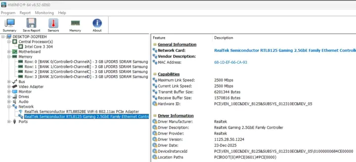 Controlador Ethernet 2.5GbE Realtek RTL8125 del Kron Mini K5