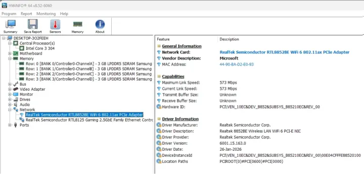 Adaptador Wi-Fi 6 Realtek RTL8852BE del Kron Mini K5
