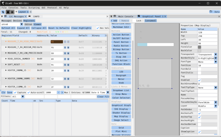 GUI del FREE-WILi mostrando registros de dispositivos I2C