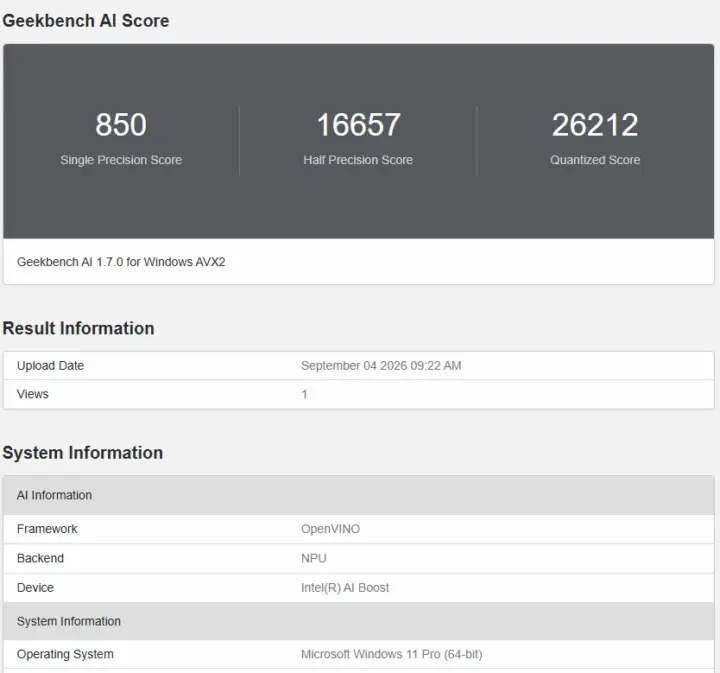 Puntuación de Geekbench AI en la NPU