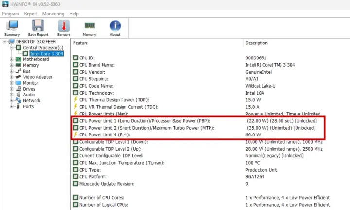 Límites de potencia PL1, PL2 y PL4 del Intel Core 3 304