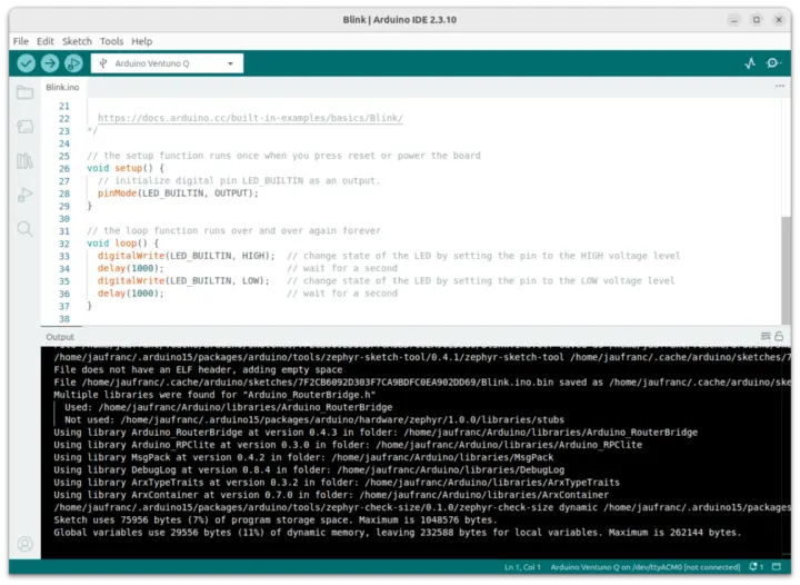 Compilaci&oacute;n del ejemplo Blink de Zephyr para Arduino VENTUNO Q